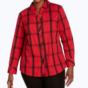 Foxcroft Mary Crinkle Windowpane Shirt size 10 red lacquer wrinkle free ♥️